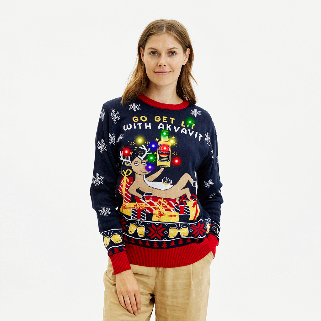 Damen Weihnachtspullover in Dunkelblau mit Rentier und bunten Lichtern, rot gerippte Bündchen, weihnachtspyjama damen.